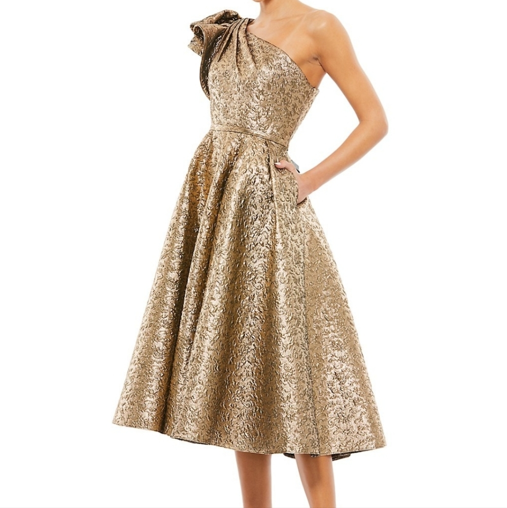 Mac Duggal Asymmetric Metallic Tea Length Dress